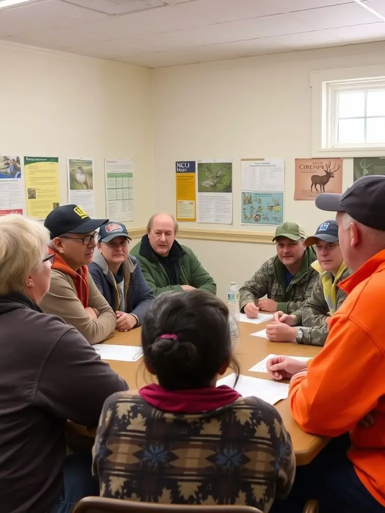 A photograph of a community workshop where members are learning about sustainable hunting practices, showcasing the educational initiatives of ASSOCIATION DES CHASSEURS DE VORNAY.