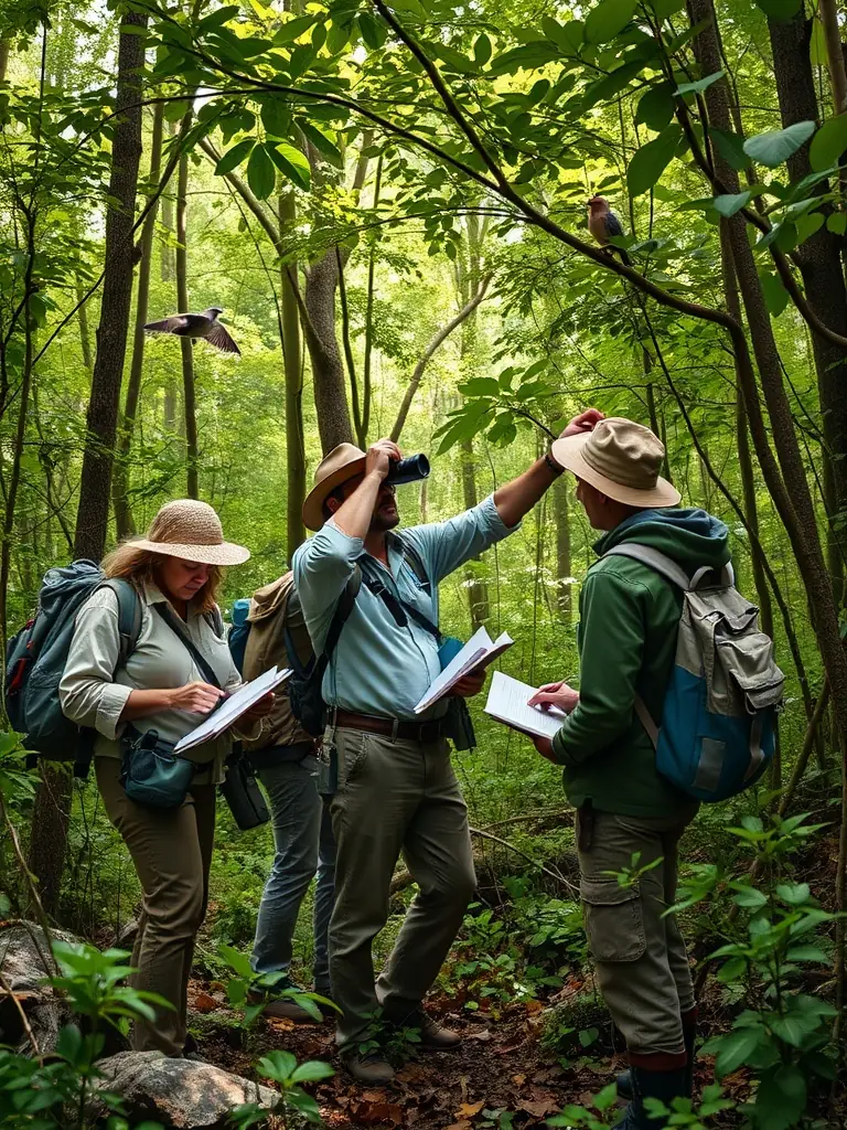 A picture of a wildlife monitoring team observing and recording data on local animal species, highlighting the biodiversity protection efforts of ASSOCIATION DES CHASSEURS DE VORNAY.
