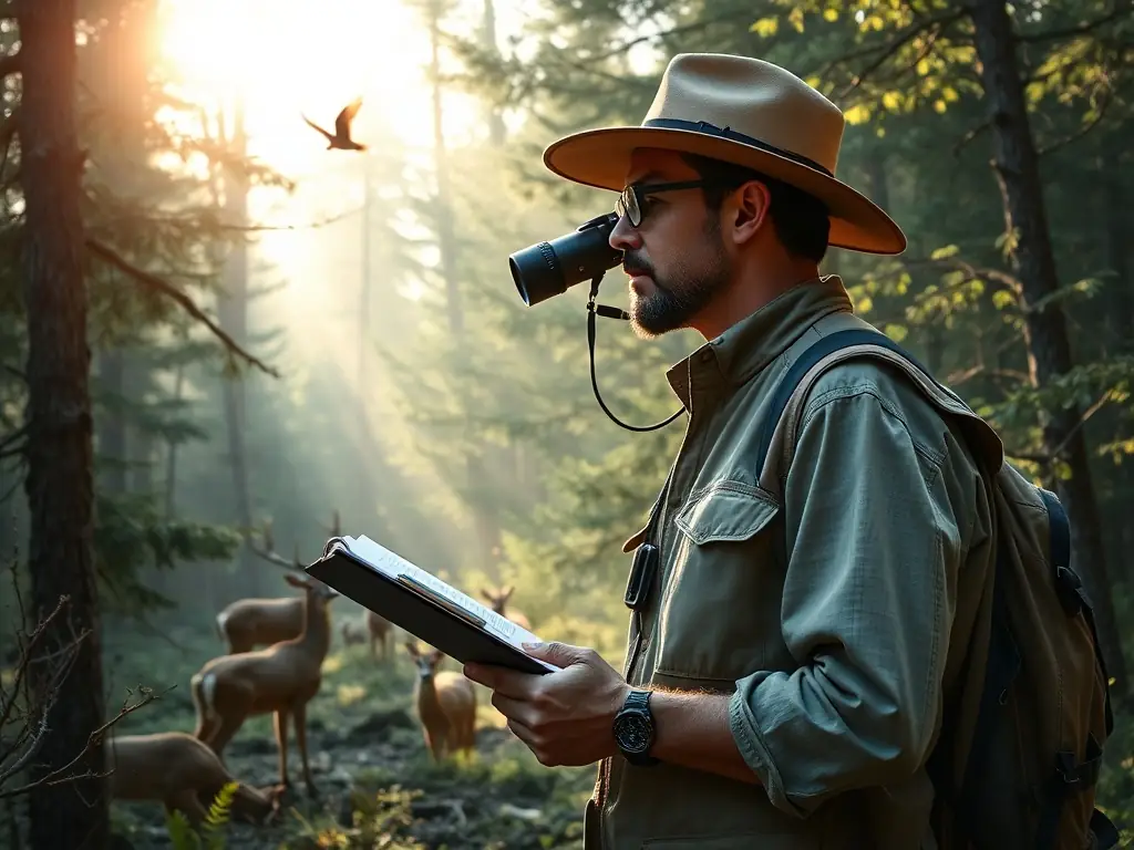 A wildlife officer monitoring animal populations in a rural landscape, with conservation signage and maintained natural spaces, representing the Public Safety and Environmental Balance program.