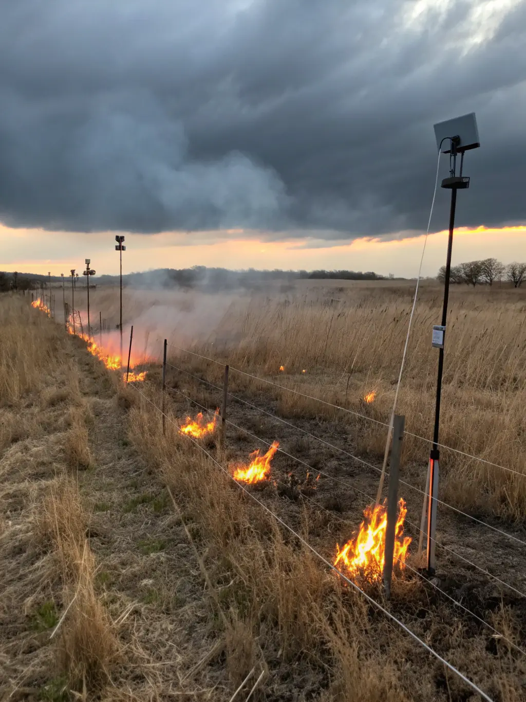 An image showing a controlled burn being conducted in a grassland area, showcasing the habitat management practices of ASSOCIATION DES CHASSEURS DE VORNAY.
