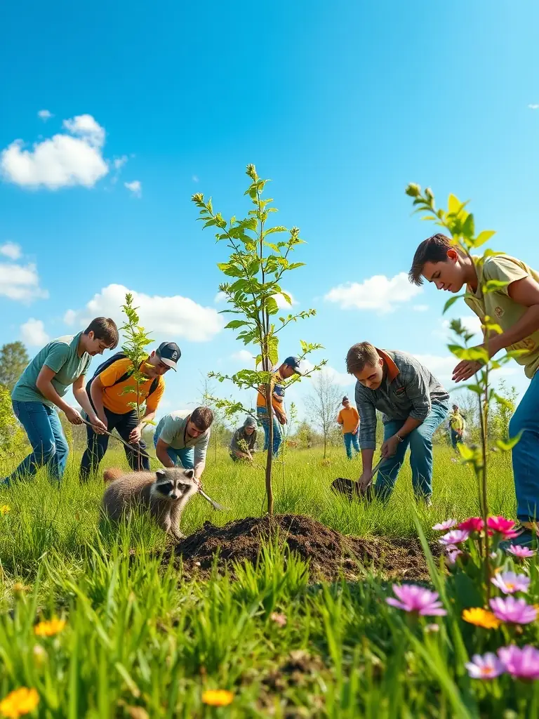 A photograph depicting volunteers planting native trees in a deforested area, illustrating the ecosystem restoration efforts of ASSOCIATION DES CHASSEURS DE VORNAY.