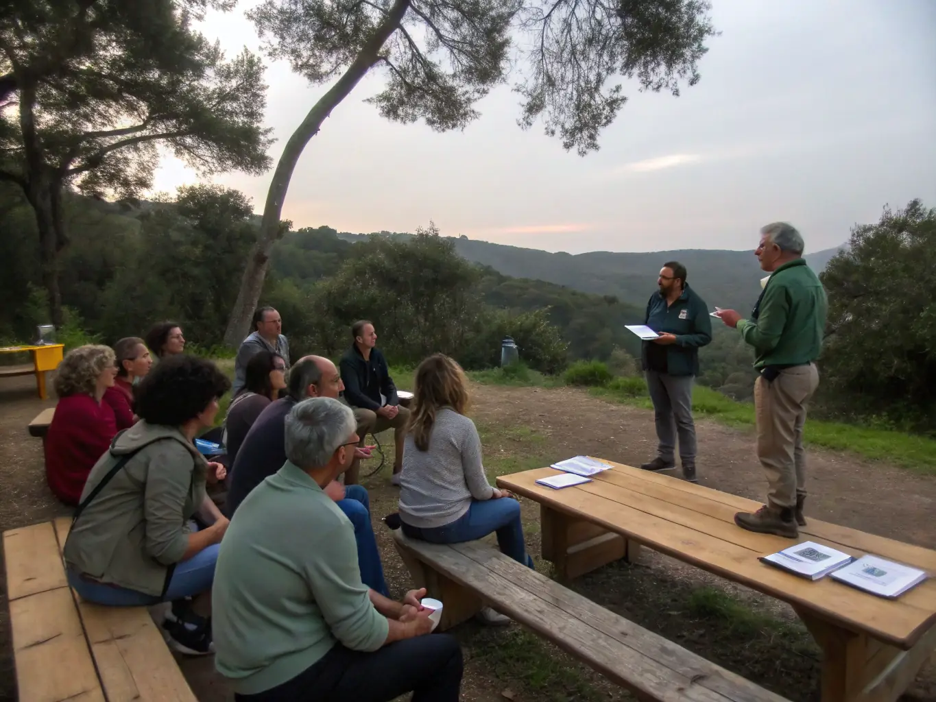A community meeting outdoors with diverse stakeholders discussing conservation strategies, surrounded by natural scenery, illustrating the Dialogue and Habitat Protection program.